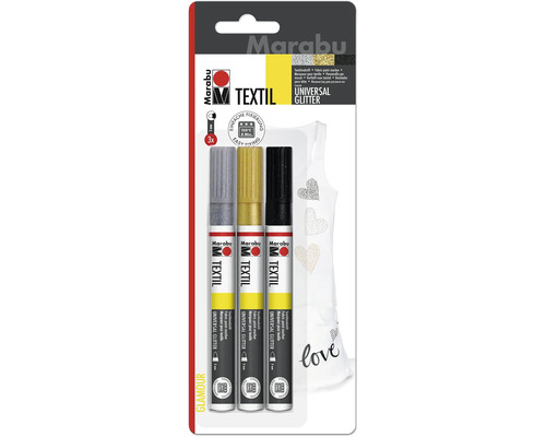 Kit de peinture textile Marabu Textil Painter paillettes 3x 3 mm Marabu Marqueurs textiles Universal Glitter, lot de trois
