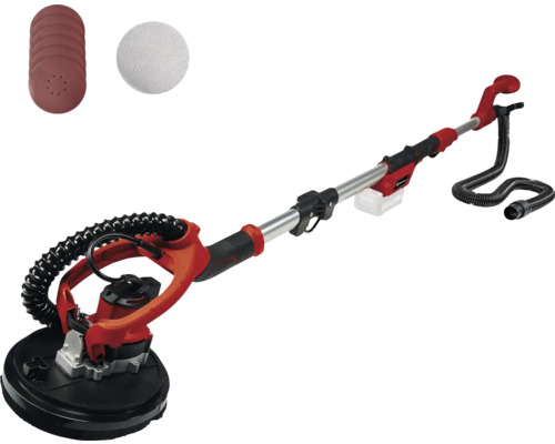 Langhalsschleifer mit Schleifscheiben und Absaugschlauch