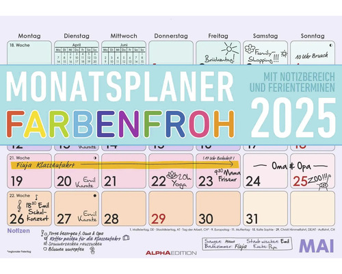 Calendrier mural agenda Couleurs gaies 2025 29,7x21 cm