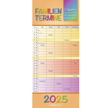 Familienkalender 2025 mit fünf Spalten für Termine, Mondphasen und Ferien