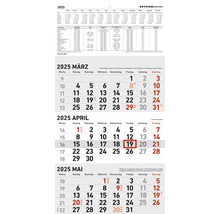 Kalender mit Monatsübersicht für März, April und Mai 2025