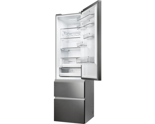 Réfrigérateur ouvert avec congélateur en bas et étagères