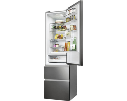 Réfrigérateur gris ouvert avec des aliments