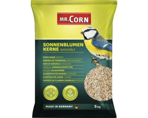 Nourriture pour oiseaux sauvages Mr. Corn graines de tournesol pelées 5kg nourriture pour oiseaux sauvages toute l'année contrôlées sur ambrosia, Made in Germany