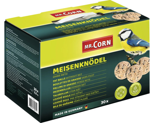 Nourriture pour oiseaux sauvages Mr. Corn 30 boules de graisse pour mésanges sans filet dans un carton nourriture pour oiseaux sauvages toute l'année contrôlées sur ambrosia, Made in Germany