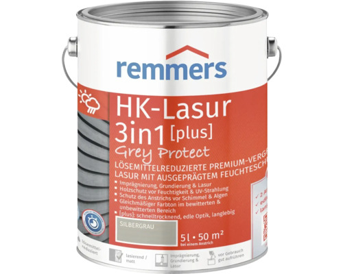 Remmers HK-Lasur 3en1 Grey Protect dans un seau métallique, volume de cinq litres, convient pour environ 50 mètres carrés avec une seule couche