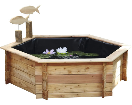 Hochteich aus Holz mit Teichfolie, Seerosen und Fischdekoration