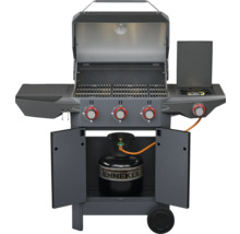 Gasgrill mit geöffnetem Deckel, Seitentisch und Gasflasche im Unterschrank