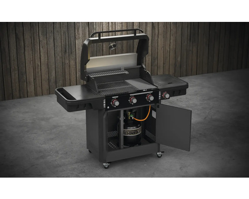 Barbecue à gaz avec grille, plaque de cuisson et porte du compartiment à gaz ouverte