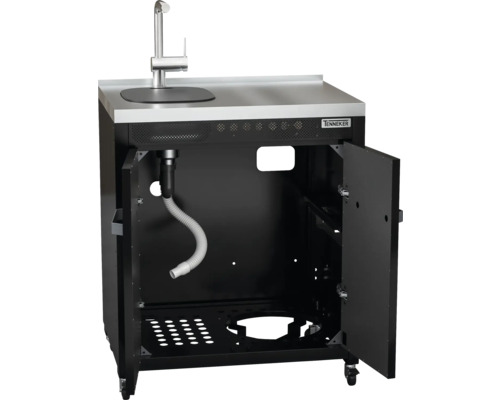 Spültisch mit Spüle und Wasserhahn, Unterschrank mit offenen Türen.