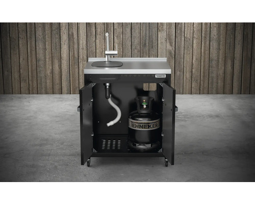 Grillwagen mit Spüle und Gasflasche im Unterschrank