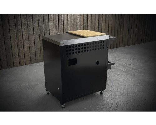 Schwarzer Grilltisch mit Edelstahlplatte und Holzschneidebrett
