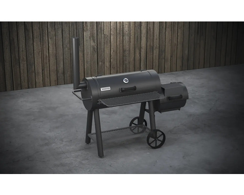 Grill fumoir en forme de tonneau avec chambre de fumage, étagères de rangement et roulettes