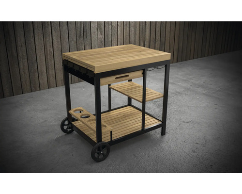 Chariot de service en métal et bois avec étagères et roulettes