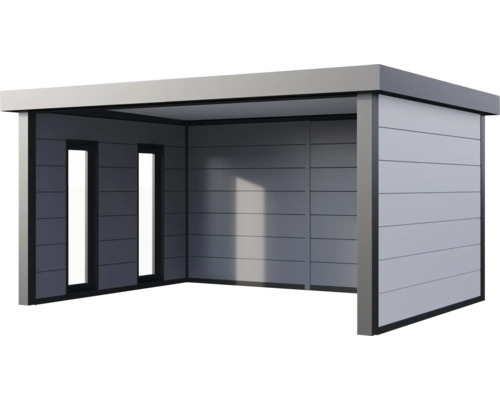 Construction moderne d''abri de jardin avec bardage horizontal et deux fenêtres verticales