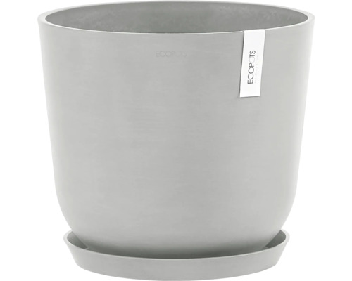Grauer Pflanztopf aus Kunststoff mit Untersetzer