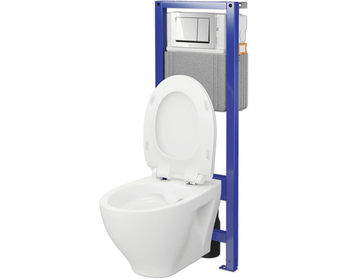 WC suspendu avec réservoir et plaque de commande dans un bâti-support bleu