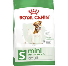 Royal Canin Logo. Verpackung Royal Canin Mini Adult Hundetrockenfutter bis 10 Kilogramm für kleine Rassen. Gewichtserhaltung. Optimale Gesundheitsunterstützung.