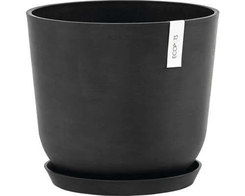 Schwarzer Pflanztopf aus Kunststoff mit Untersetzer
