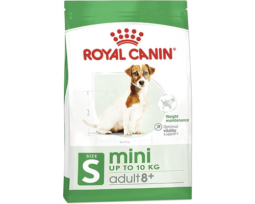Nourriture pour chien Royal Canin Mini Mature, 8kg Logo Royal Canin. Emballage d''aliments secs pour chiens Mini Adult 8+ pour petits chiens jusqu''à 10 kilogrammes pour le maintien du poids et le soutien de la vitalité.