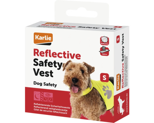 Sicherheitsweste Karlie Safety Vest S, reflektierend gelb, verstellbar mit Klettverschlüssen, Halsumfang ca. 24 -41 cm, Brustumfang ca. 39 - 48 cm Verpackung einer reflektierenden Sicherheitsweste für Hunde von Karlie in Größe S