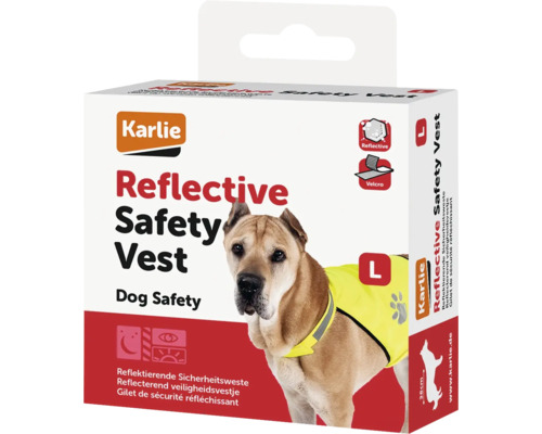 Sicherheitsweste Karlie Safety Vest L, reflektierend gelb, verstellbar mit Klettverschlüssen, Halsumfang ca. 43 - 59 cm, Brustumfang ca. 64 - 77 cm Verpackung einer reflektierenden Karlie Sicherheitsweste für Hunde, Größe L