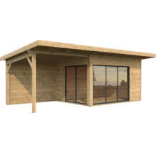 Abri de jardin en bois avec façade en verre et terrasse couverte