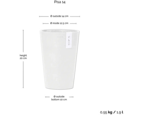 Pisa 14 Blumentopf mit den Maßen Höhe 20 cm, Außendurchmesser oben 14 cm, Innendurchmesser oben 12,5 cm und Außendurchmesser unten 10 cm.