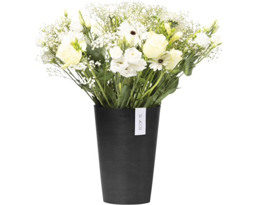 Blumenstrauß mit weißen Blüten in schwarzem Topf