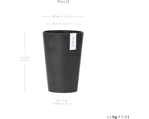 Pisa 21 Pflanztopf mit den Maßen Höhe 25,8 cm, Außendurchmesser 21,1 cm und Bodendurchmesser 12,8 cm