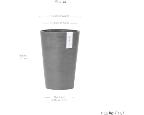 Pisa 14 Pflanztopf mit den Maßen Höhe 20 cm, Außendurchmesser oben 14 cm, Innendurchmesser oben 12,5 cm, Außendurchmesser unten 10 cm