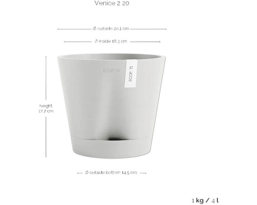 Pot de fleurs avec les dimensions suivantes : hauteur 17,7 cm, diamètre extérieur en haut 20,1 cm, diamètre intérieur en haut 18,3 cm et diamètre extérieur en bas 14,5 cm.