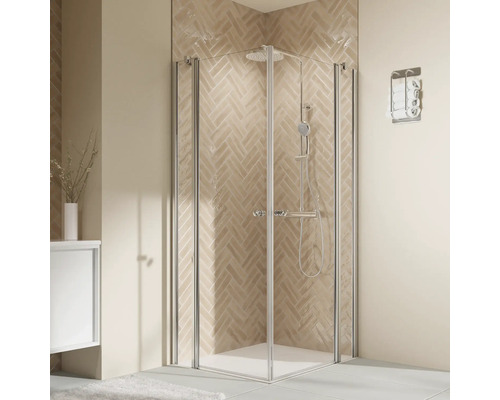 Douche accès d'angle avec porte pivotante BREUER Elana 2.0 Express Q72 100 x 100 x 200 cm profilé argent verre transparent revêtement en verre résistant à la saleté