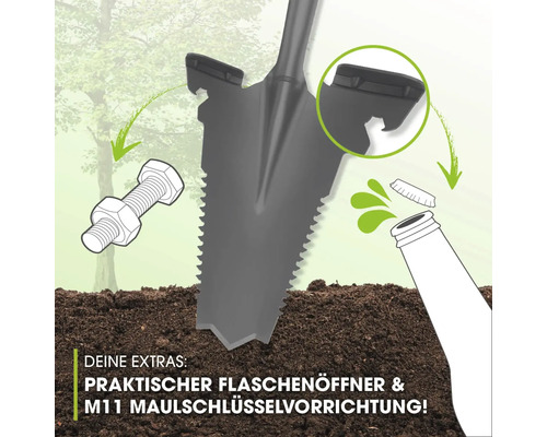 Illustration einer Schaufel mit Flaschenöffner und M11 Maulschlüssel Vorrichtung