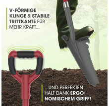 Gartenspaten mit V-förmiger Klinge und ergonomischem Griff für mehr Kraft beim Graben