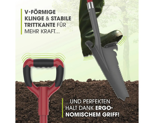 Gartenspaten mit V-förmiger Klinge und ergonomischem Griff für mehr Kraft beim Graben