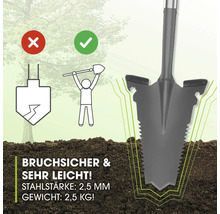 Illustration einer bruchsicheren Gartenschaufel mit Informationen zu Stahlstärke und Gewicht.