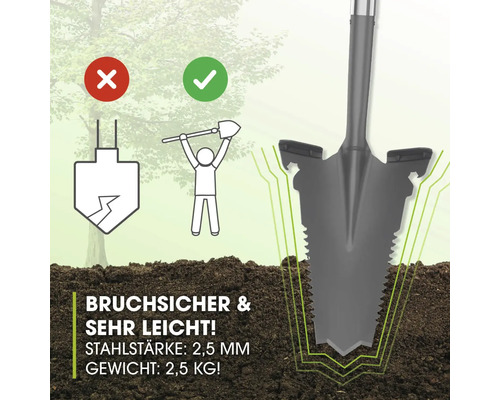 Illustration einer bruchsicheren Gartenschaufel mit Informationen zu Stahlstärke und Gewicht.