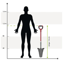 Spaten mit D-Griff und einer Länge von 114 Zentimetern neben einer menschlichen Silhouette zur Größenansicht