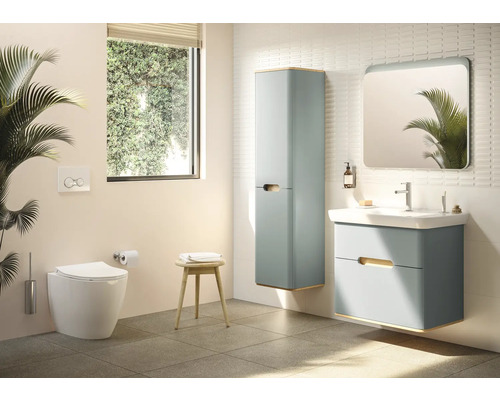 Salle de bains avec toilettes, lavabo, miroir et armoire haute