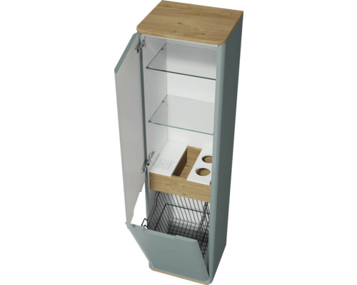 Armoire de salle de bain ouverte avec étagères, tiroir et panier à linge