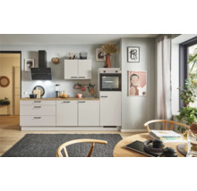 Helle Küche mit Einbauschränken, Dunstabzugshaube und Backofen in einem modernen Küchendesign.