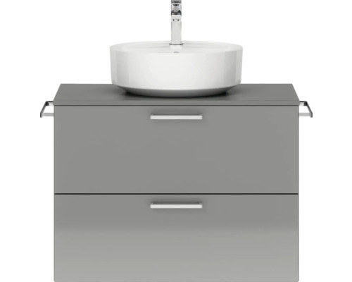 Badmöbel-Set NOBILIA Modern BxHxT 80 x 59,1 x 49 cm Frontfarbe grau hochglanz mit Aufsatz-Waschbecken Griff chrom matt 645 Grauer Waschtischunterschrank mit Aufsatzwaschbecken und Armatur