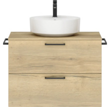Waschtischunterschrank aus Holz mit Aufsatzwaschbecken und zwei Schubladen