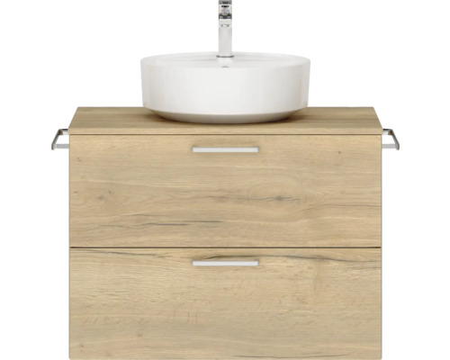 Badmöbel-Set NOBILIA Modern BxHxT 80 x 59,1 x 49 cm Frontfarbe eiche hell mit Aufsatz-Waschbecken Griff chrom matt 647 Waschtisch mit Unterschrank und Aufsatzwaschbecken