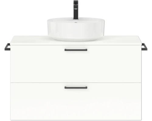 Badmöbel-Set NOBILIA Modern BxHxT 100 x 59,1 x 49 cm Frontfarbe weiß hochglanz mit Aufsatz-Waschbecken Griff schwarz 698