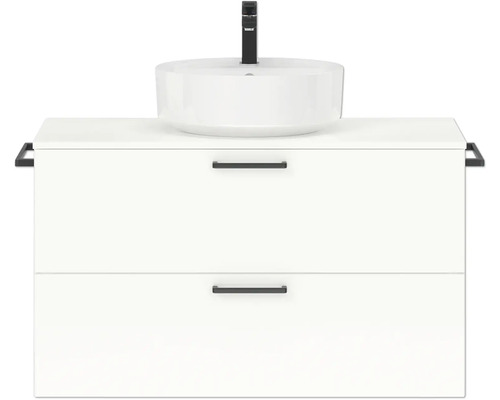 Badmöbel-Set NOBILIA Modern BxHxT 100 x 59,1 x 49 cm Frontfarbe weiß hochglanz mit Aufsatz-Waschbecken Griff schwarz 698 Waschtisch mit Aufsatzwaschbecken und zwei Schubladen