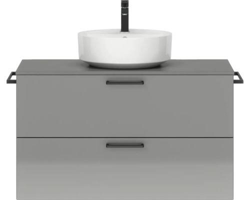 Badmöbel-Set NOBILIA Modern BxHxT 100 x 59,1 x 49 cm Frontfarbe grau hochglanz mit Aufsatz-Waschbecken Griff schwarz 700 Waschtisch mit zwei Schubladen, Aufsatzwaschbecken und Armatur