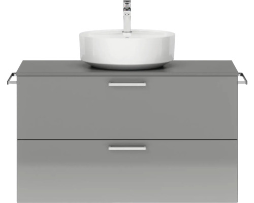 Badmöbel-Set NOBILIA Modern BxHxT 100 x 59,1 x 49 cm Frontfarbe grau hochglanz mit Aufsatz-Waschbecken Griff chrom matt 701 Waschtisch mit Aufsatzwaschbecken und zwei Schubladen