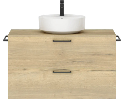 Badmöbel-Set NOBILIA Modern BxHxT 100 x 59,1 x 49 cm Frontfarbe eiche hell mit Aufsatz-Waschbecken Griff schwarz 702 Badmöbel-Set NOBILIA Modern BxHxT 100 x 59,1 x 49 cm Frontfarbe eiche hell mit Aufsatz-Waschbecken Griff schwarz 702